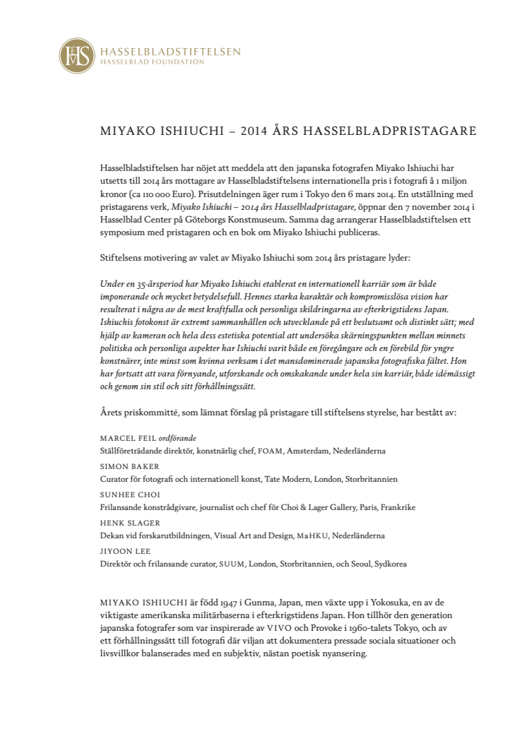 MIYAKO ISHIUCHI – 2014 ÅRS HASSELBLADPRISTAGARE