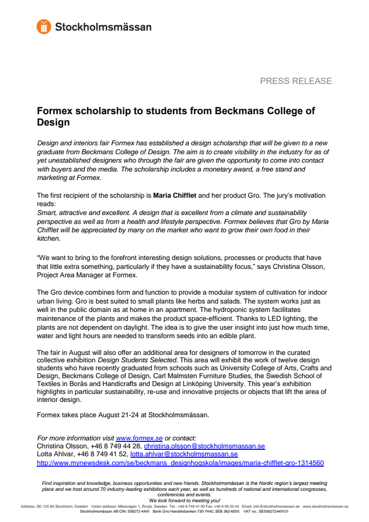 Formex scholarship to students from Beckmans College of Design
