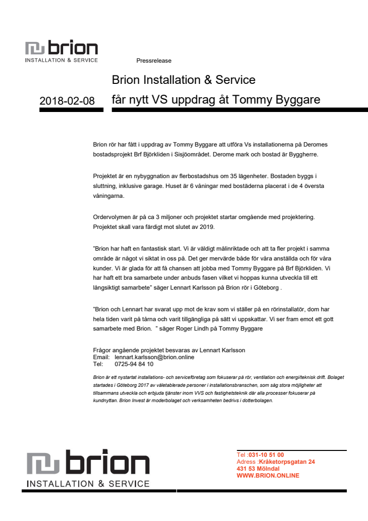 Brion Installation & Service får nytt VS uppdrag åt Tommy Byggare