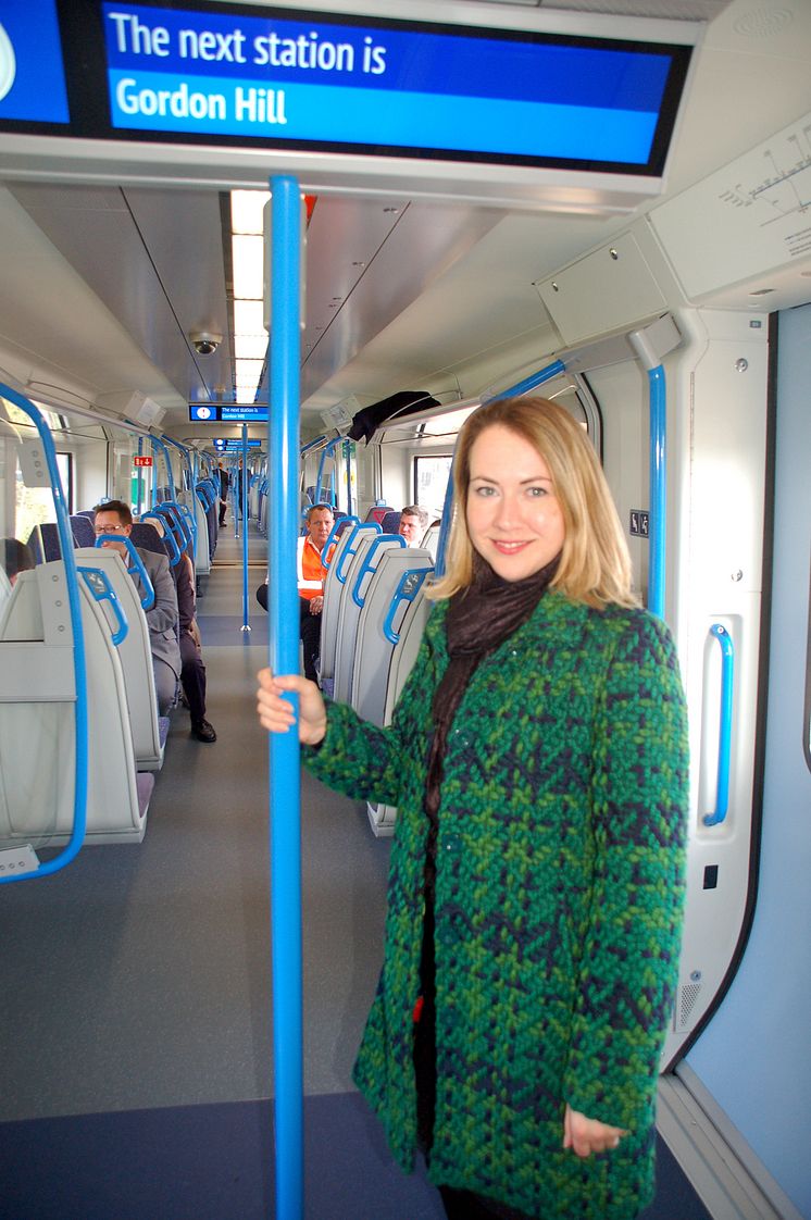 On board, Samantha Radford, from Gordon Hill, who travelled on the first passenger service from Moorgate to Gordon Hill