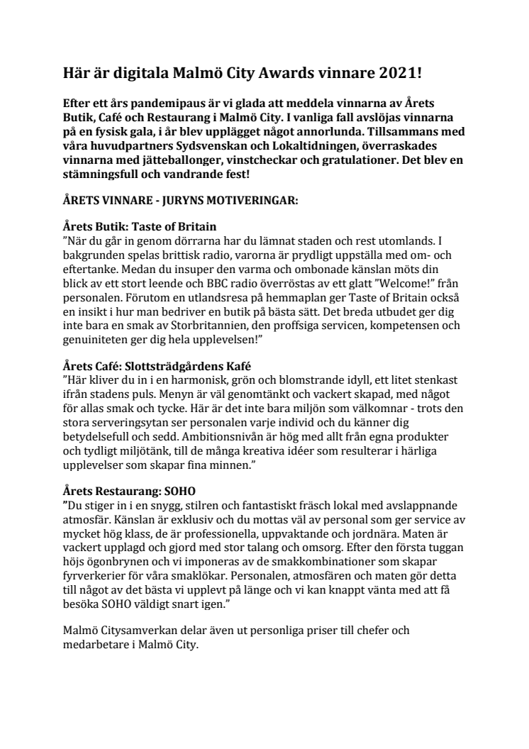 Stor glädje vid utdelning av Malmö City Awards 2021!