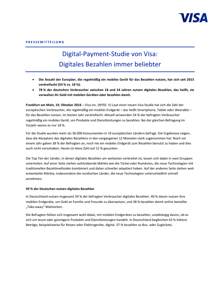 Digital-Payment-Studie von Visa: Digitales Bezahlen immer beliebter 