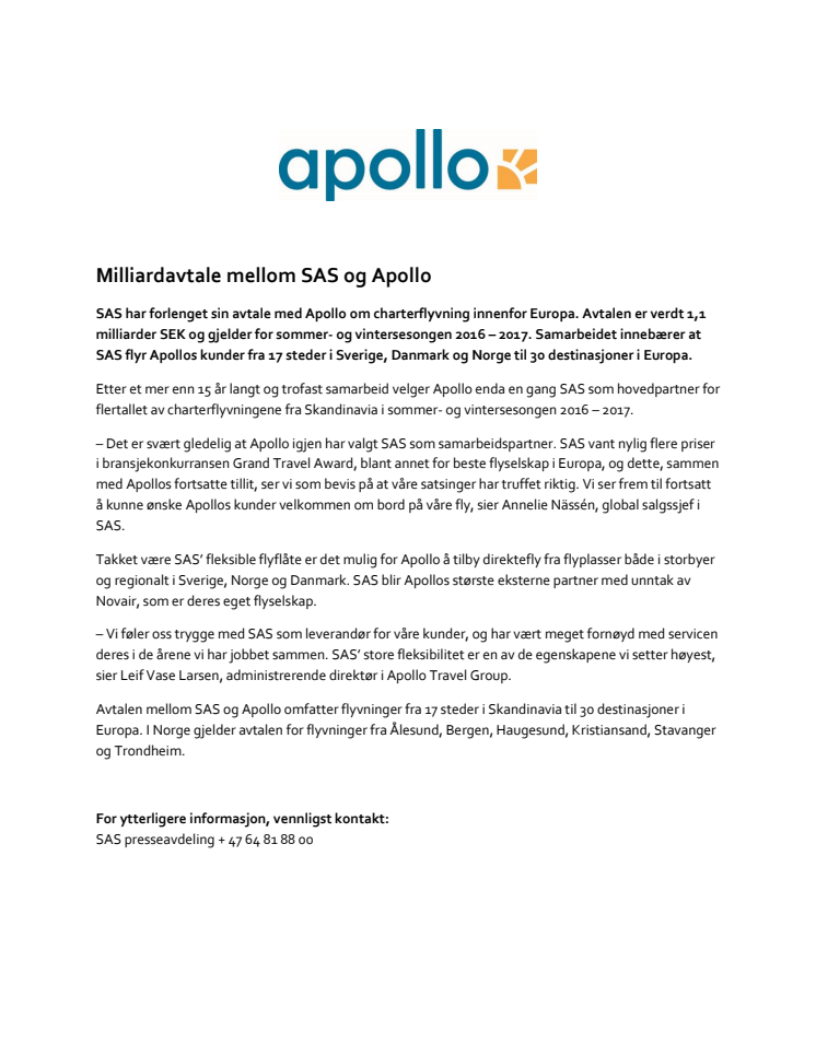 Milliardavtale mellom SAS og Apollo