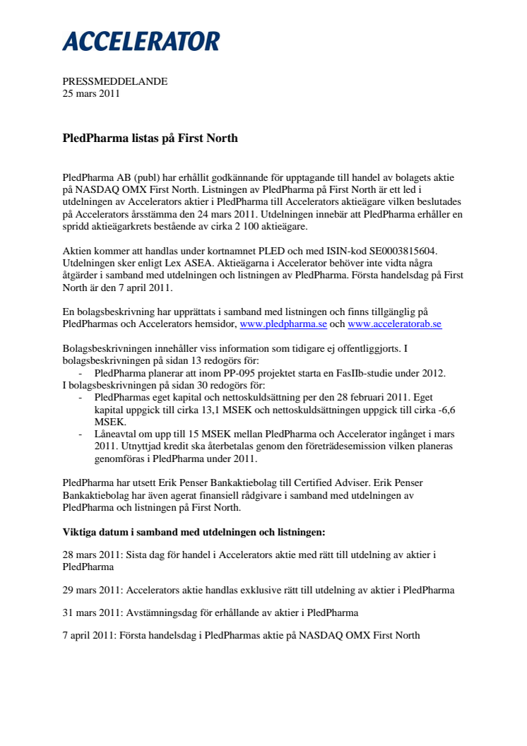 PledPharma listas på First North