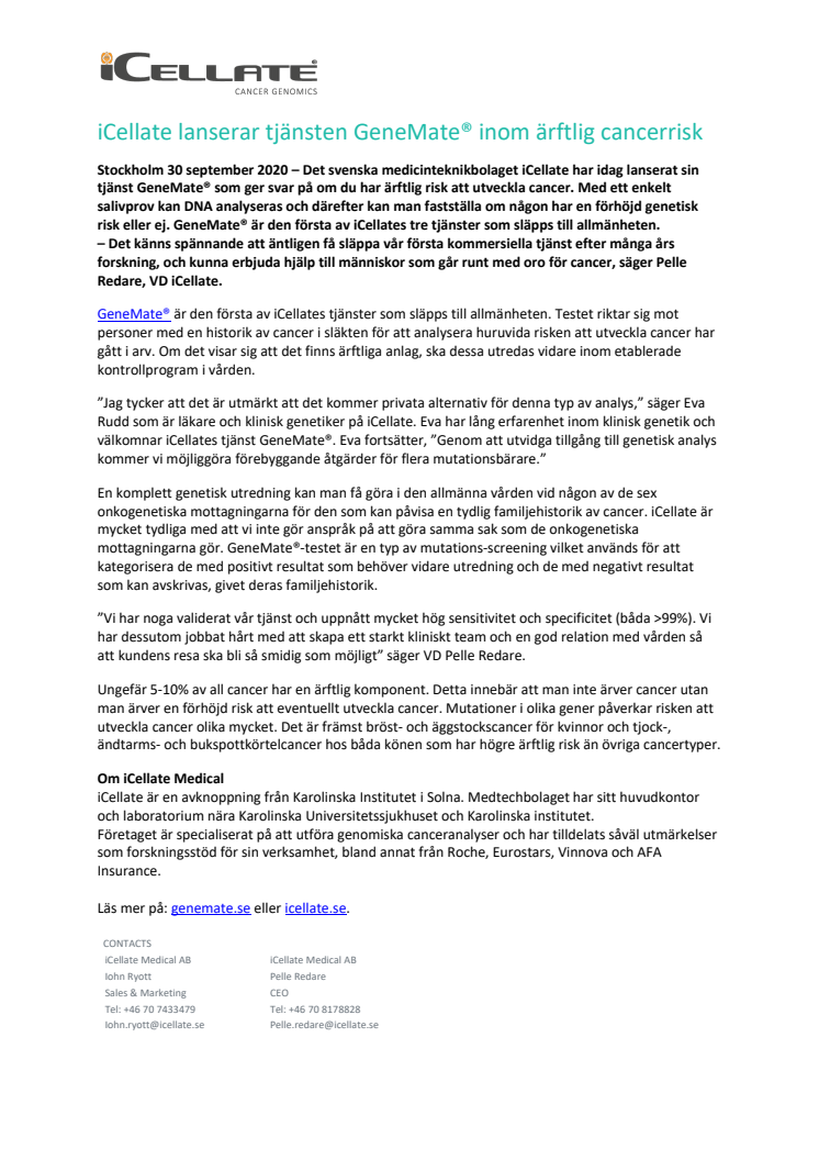 iCellate lanserar tjänsten GeneMate® inom ärftlig cancerrisk