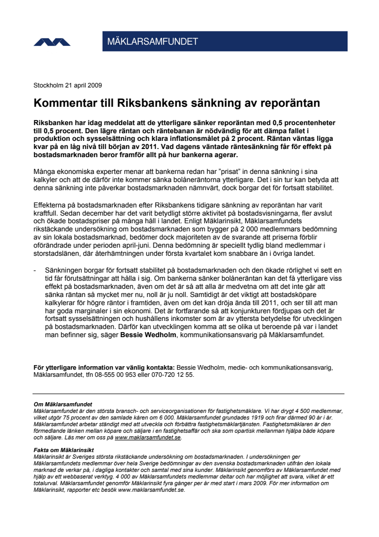 Kommentar till Riksbankens sänkning av reporäntan