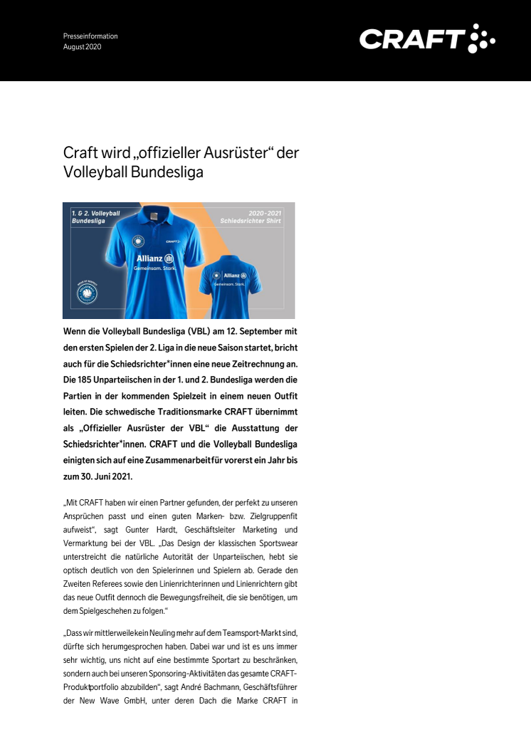 Craft wird „offizieller Ausrüster“ der Volleyball Bundesliga