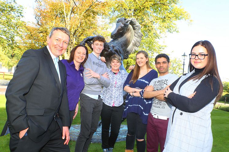 Newcastle Business School’s Nigel Coates (left) with first year business students at Newcastle Racecourse