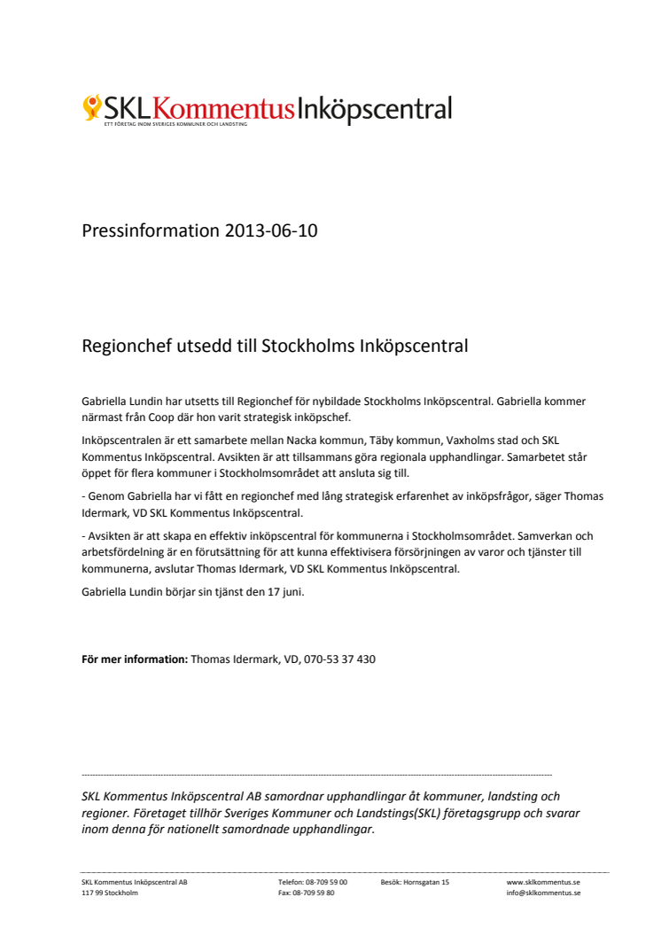 Regionchef utsedd till Stockholms Inköpscentral