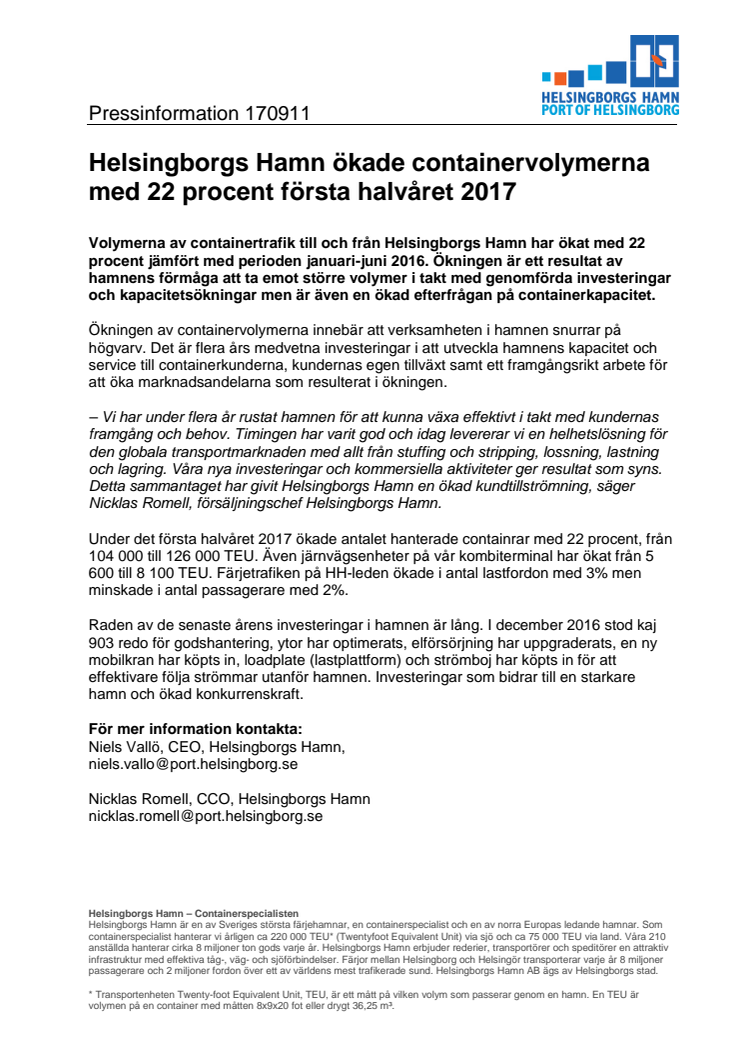 ​Helsingborgs Hamn ökade containervolymerna med 22 procent första halvåret 2017