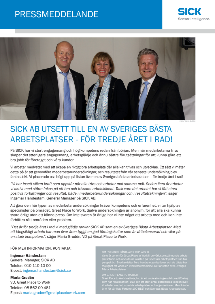 SICK AB utsett till en av Sveriges bästa arbetsplatser - för tredje året i rad!