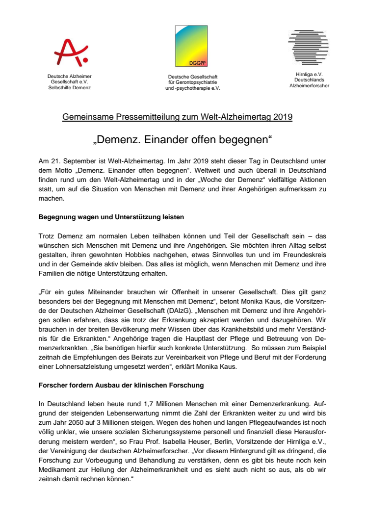 „Demenz. Einander offen begegnen“ - Gemeinsame Pressemitteilung von DAlzG, DGGPP und Hirnliga zum Welt-Alzheimertag