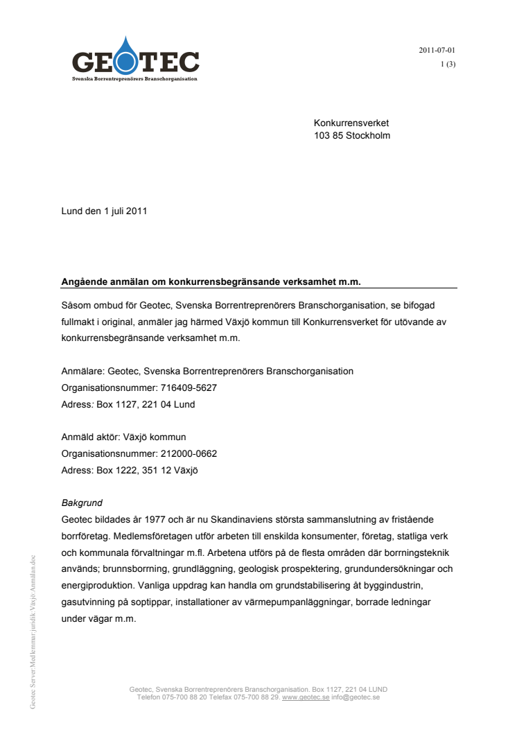 Geotec anmäler Växjö kommun till konkurrensverket