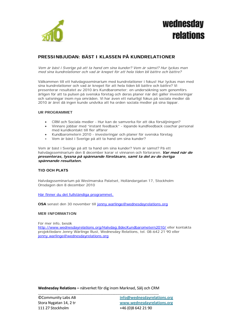 PRESSINBJUDAN: BÄST I KLASSEN PÅ KUNDRELATIONER