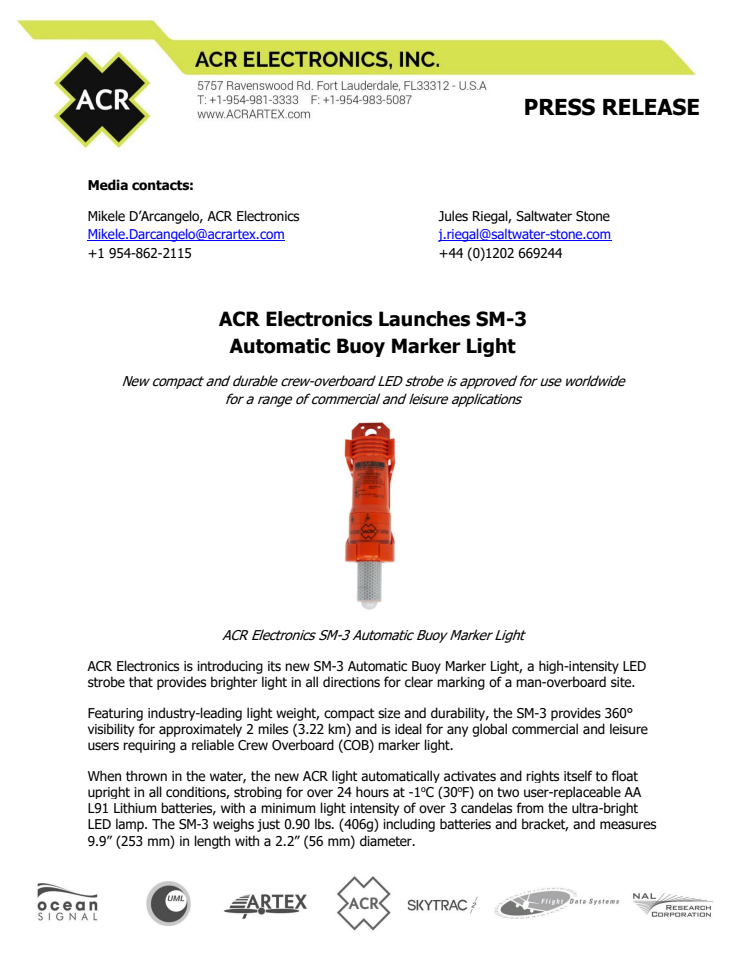 ACR Electronics Launches SM-3 Automatic Buoy Marker Light