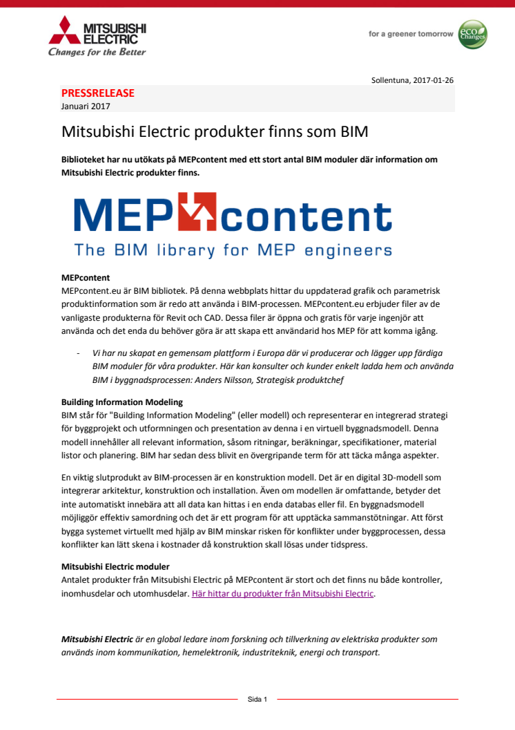 Mitsubishi Electric produkter finns som BIM