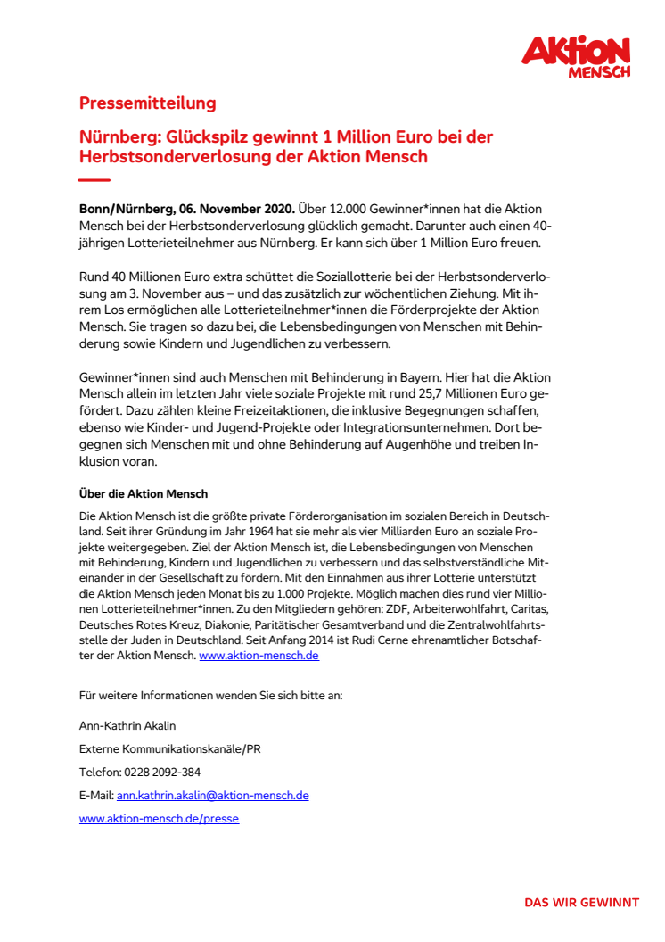 Nürnberg: Glückspilz gewinnt 1 Million Euro bei der Herbstsonderverlosung der Aktion Mensch 