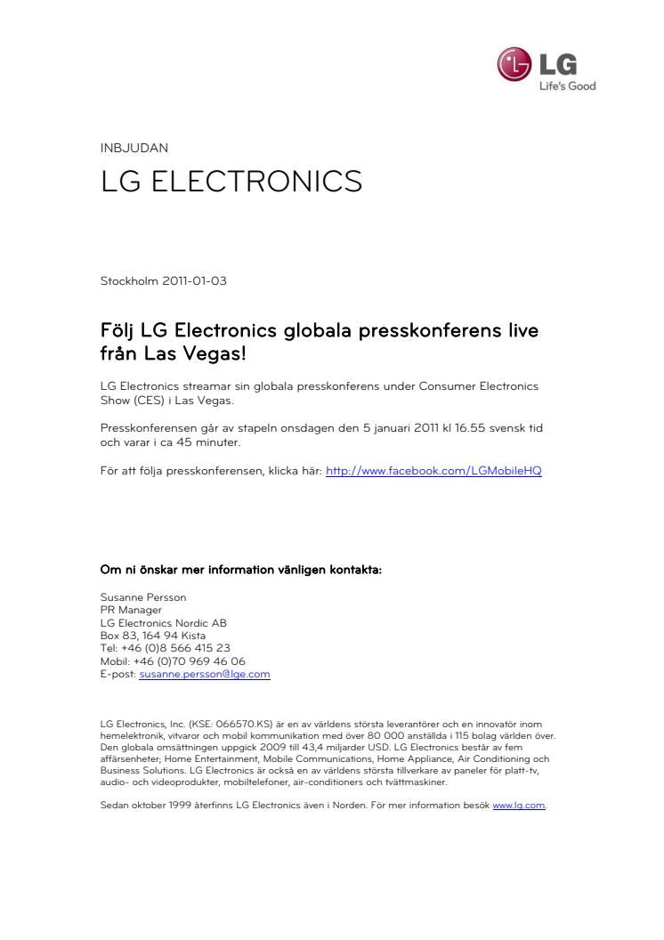 Följ LG Electronics globala presskonferens live från Las Vegas på onsdag! 