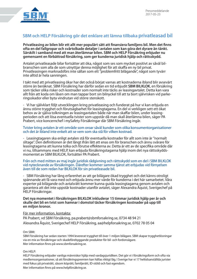 SBM och HELP Försäkring gör det enklare att lämna tillbaka privatleasad bil