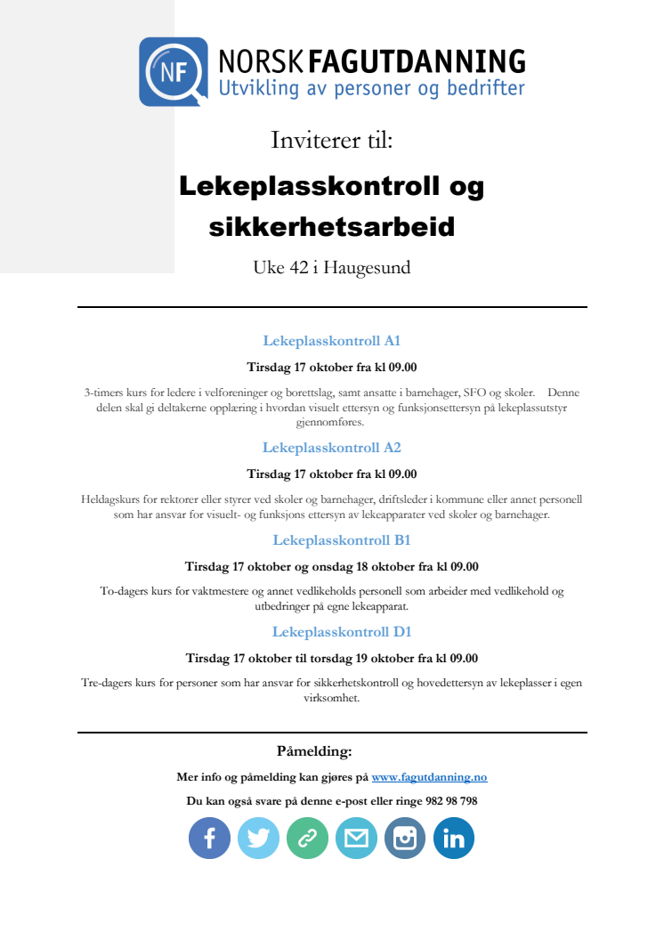 Invitasjon til lekeplasskontroll kurs i Haugesund 17 oktober 2017