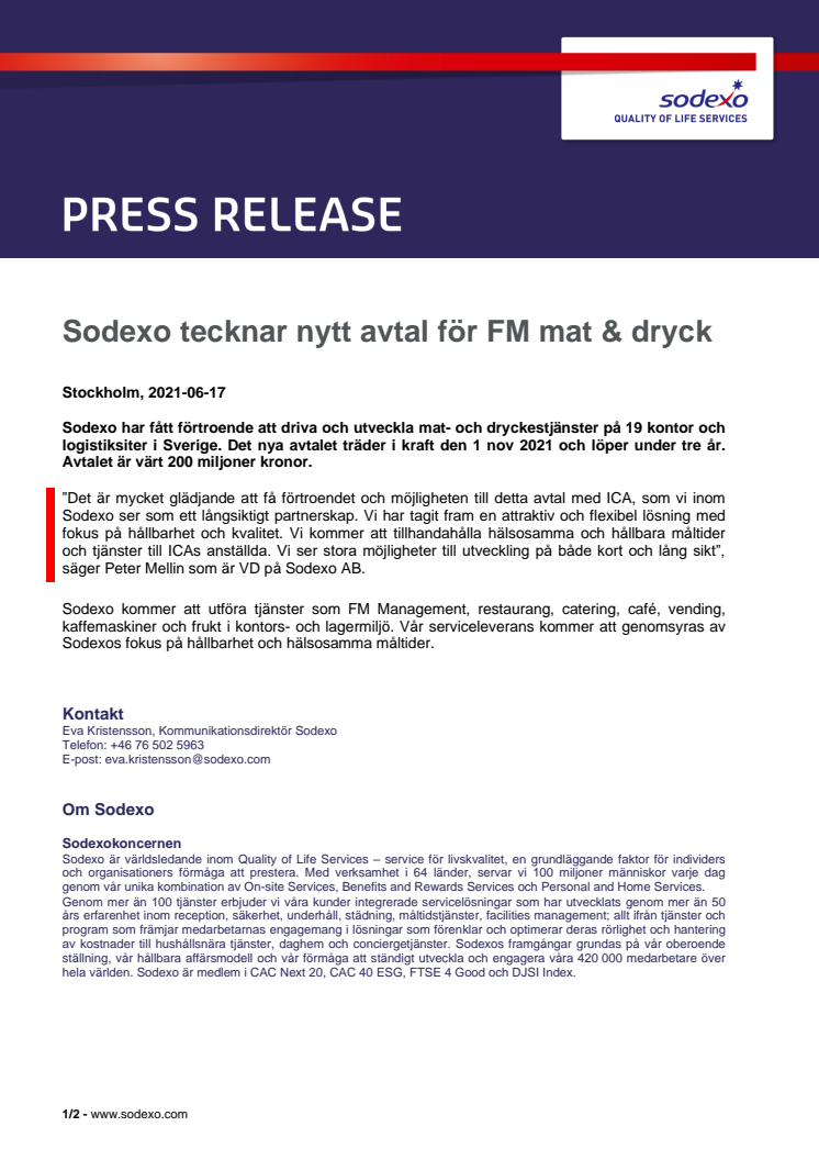 Sodexo tecknar nytt avtal för FM mat & dryck 