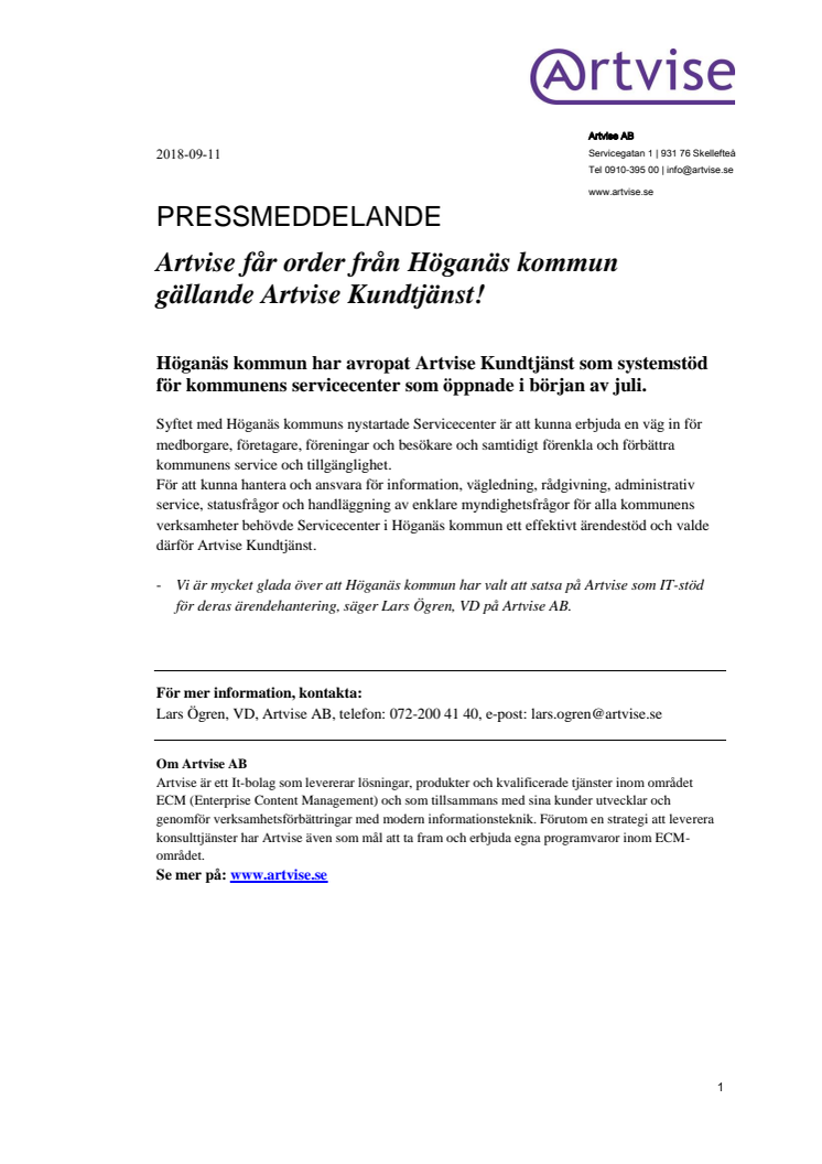 Artvise får order från Höganäs kommun gällande Artvise Kundtjänst!