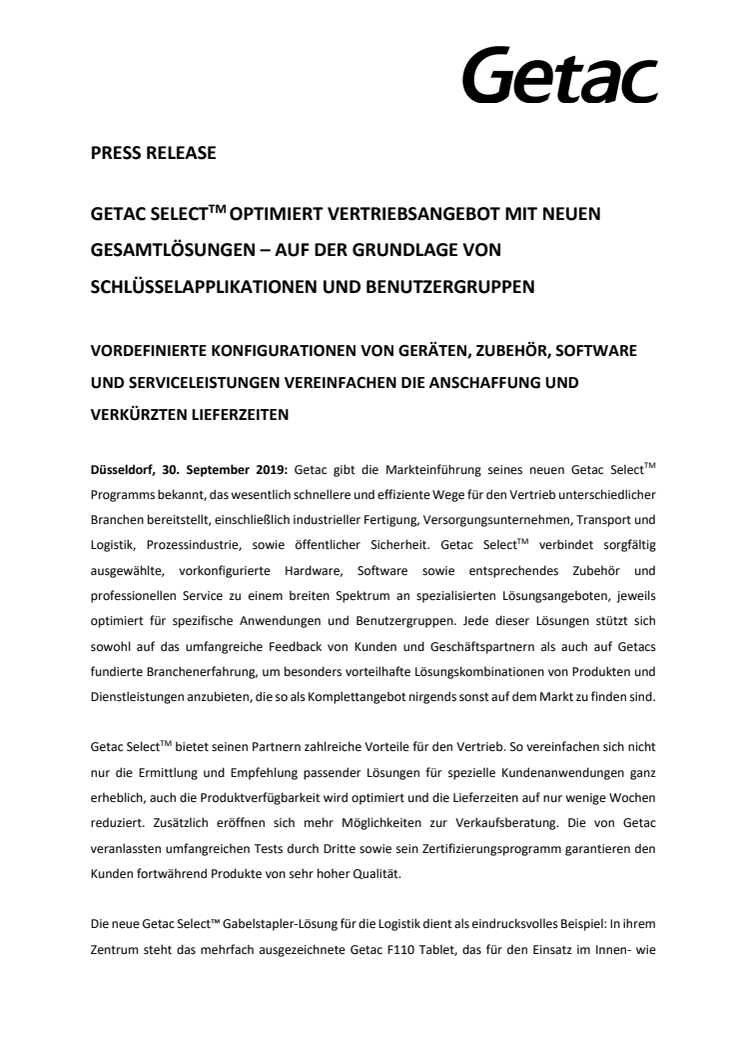 ​GETAC SELECT TM OPTIMIERT VERTRIEBSANGEBOT MIT NEUEN GESAMTLÖSUNGEN – AUF DER GRUNDLAGE VON SCHLÜSSELAPPLIKATIONEN UND BENUTZERGRUPPEN