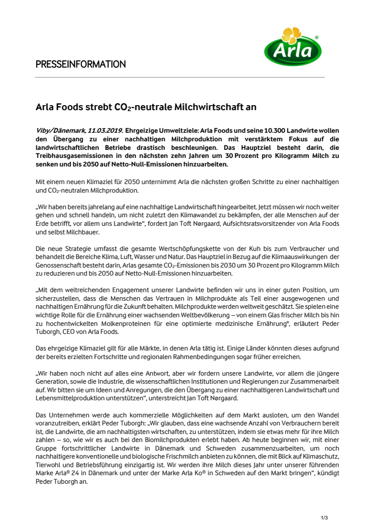 Arla Foods strebt CO2-neutrale Milchwirtschaft an 