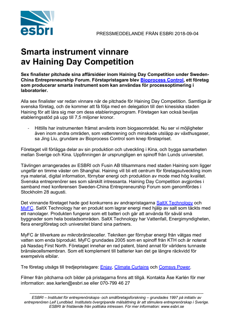 ​Smarta instrument vinnare  av Haining Day Competition