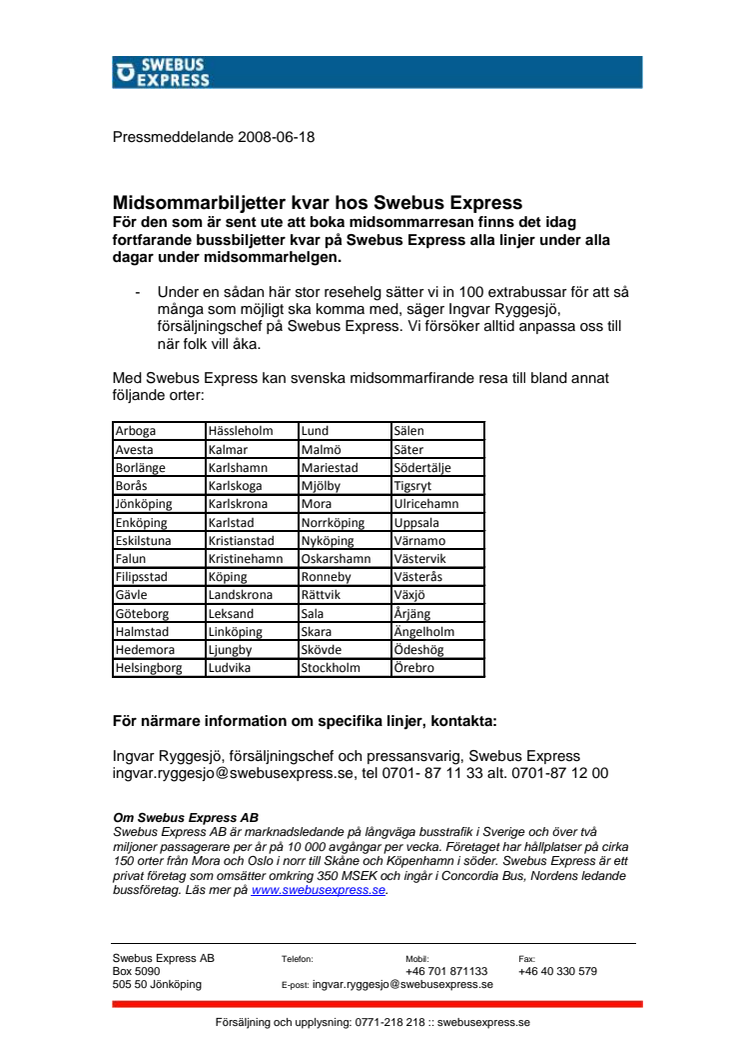 Midsommarbiljetter kvar hos Swebus Express