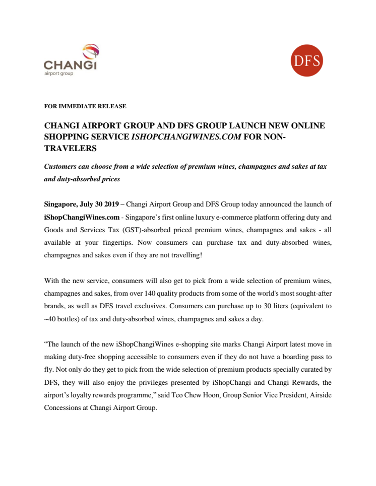 Changi Airport Group and DFS Group launch new online shopping service iShopChangiWines.com for non-travellers
