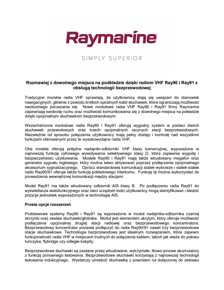 Raymarine: Rozmawiaj z dowolnego miejsca na podkładzie dzięki radiom VHF Ray90 i Ray91 z obsługą technologii bezprzewodowej