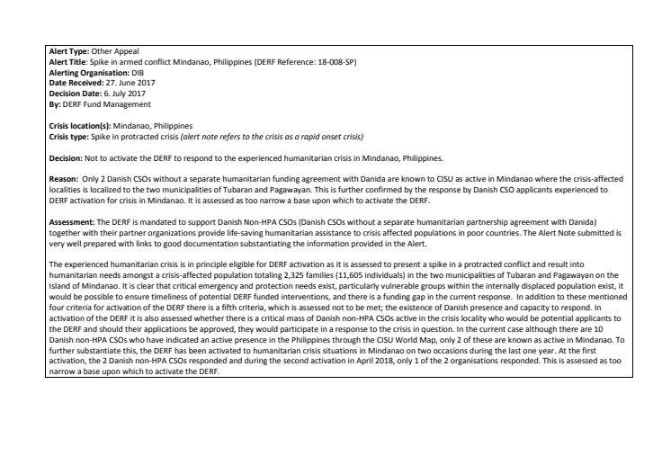 Alert Note: Spike in armed conflict Mindanao, Philippines (18-008-SP) (Not Activated)