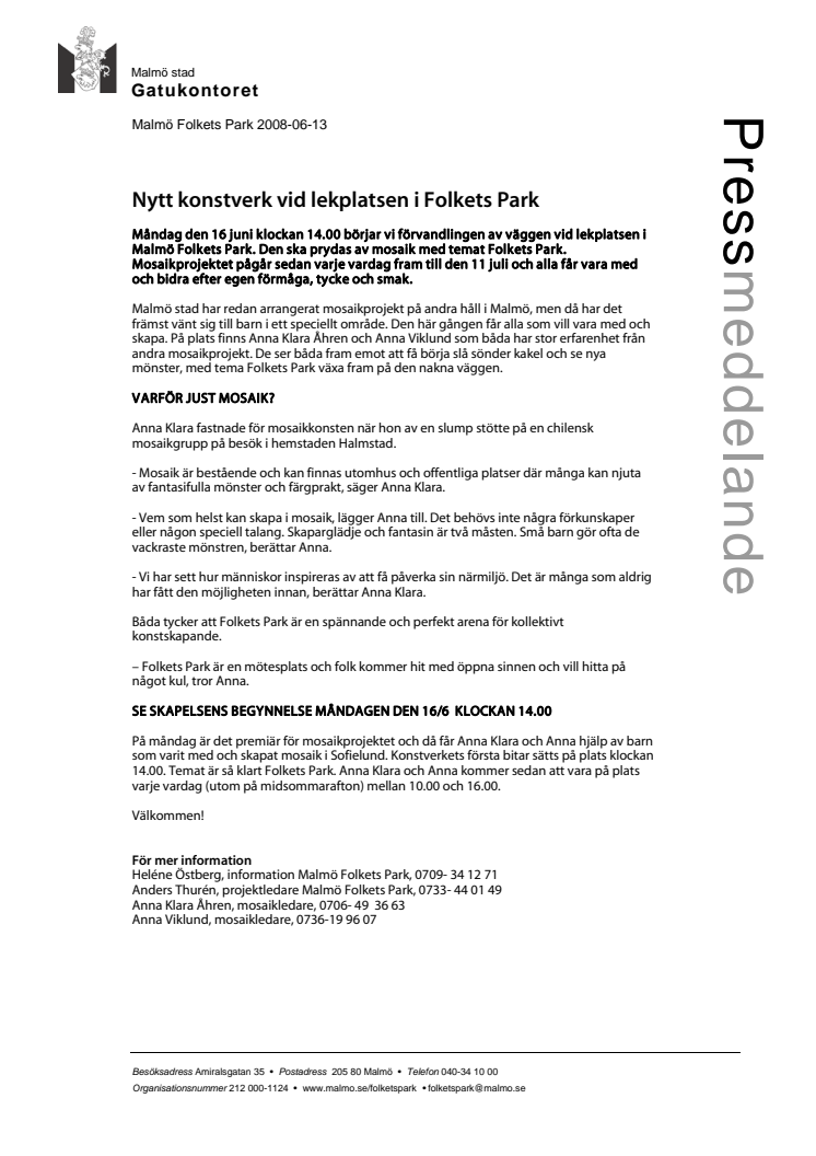 Nytt konstverk vid lekplatsen i Folkets Park