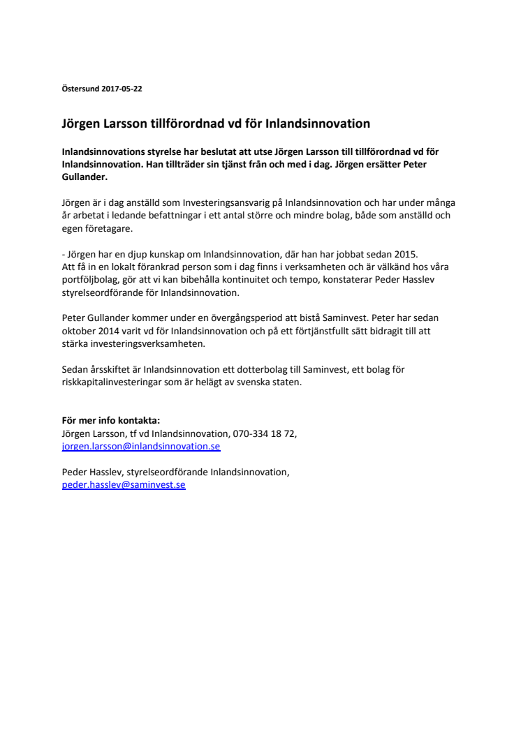 Jörgen Larsson tillförordnad vd för Inlandsinnovation