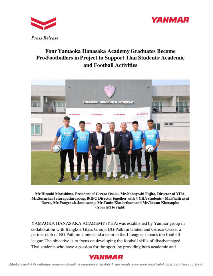 Four Yamaoka Hanasaka Academy Graduates Become Pro-Footballers in Project to Support Thai Students’ Academic and Football Activities