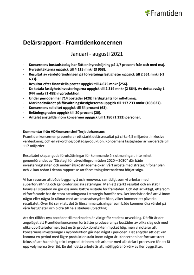 Framtiden - Delårsrapport 210831