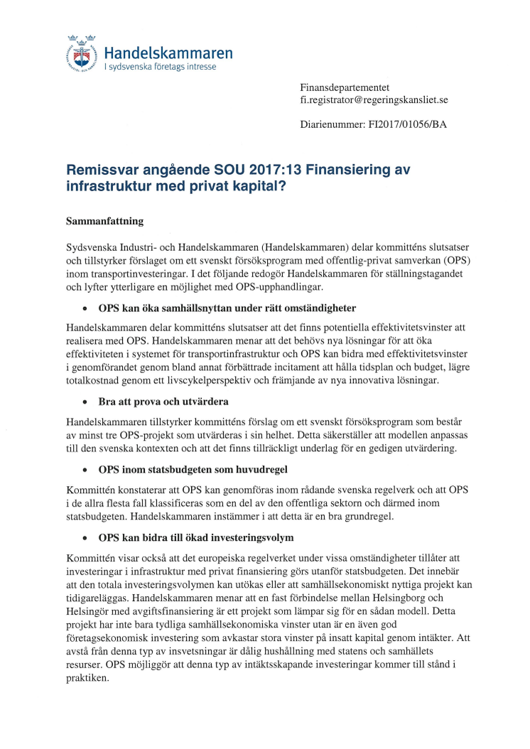 Remissvar angående SOU 2017:13 Finansiering av infrastruktur med privat kapital?