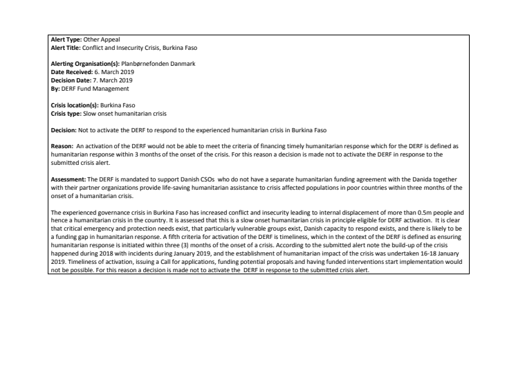 19-004-SO Alert Decision Note on Conflict & Insecurity Crisis Burkina Faso