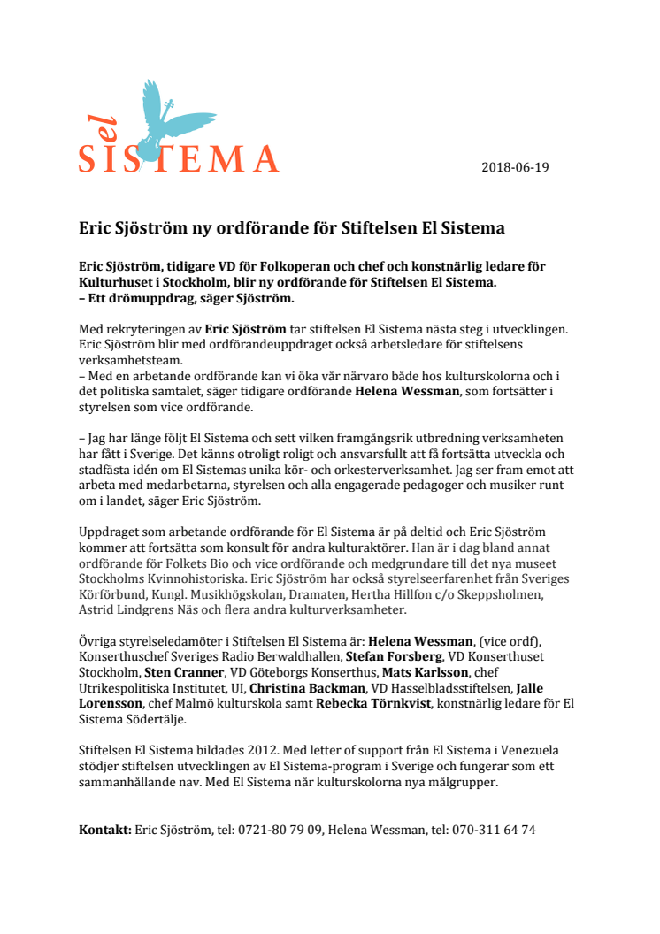 Eric Sjöström ny ordförande för Stiftelsen El Sistema