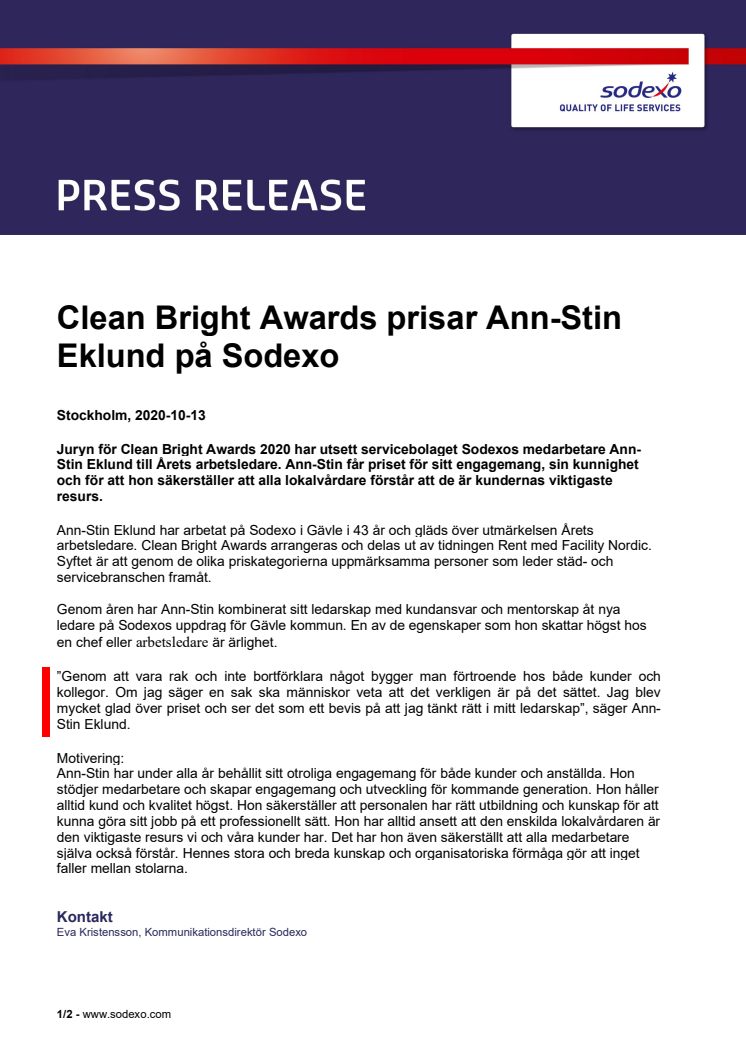 Clean Bright Awards prisar Ann-Stin Eklund på Sodexo