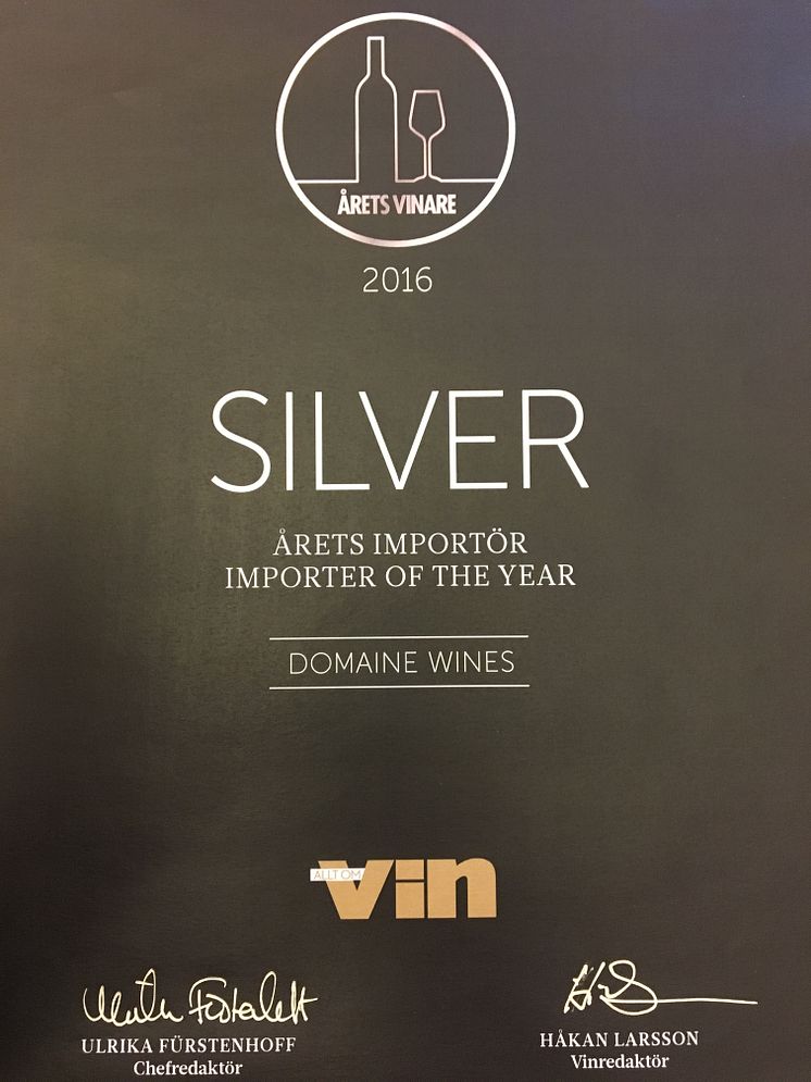 ​SILVER till DOMAINE WINES när Allt om Vin delar ut priset Årets Importör 2016