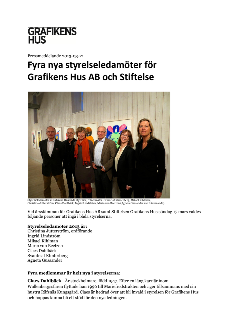 Fyra nya styrelseledamöter för Grafikens Hus AB och Stiftelse
