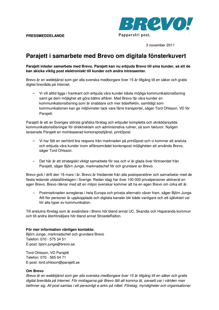 Parajett i samarbete med Brevo om digitala fönsterkuvert