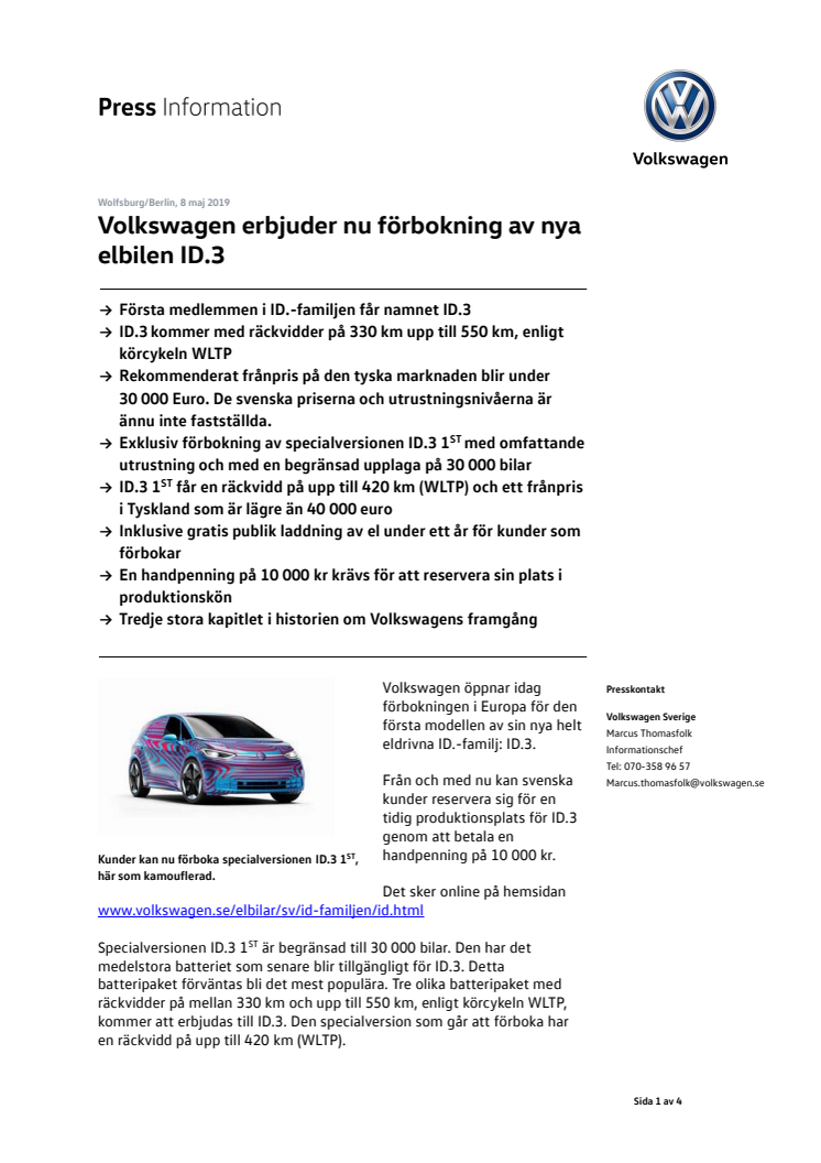 Volkswagen erbjuder nu förbokning av nya elbilen ID.3