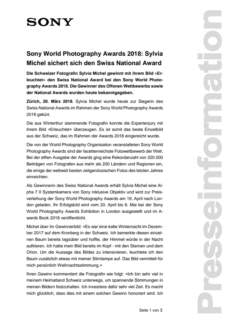 Sony World Photography Awards 2018: Sylvia Michel sichert sich den Swiss National Award