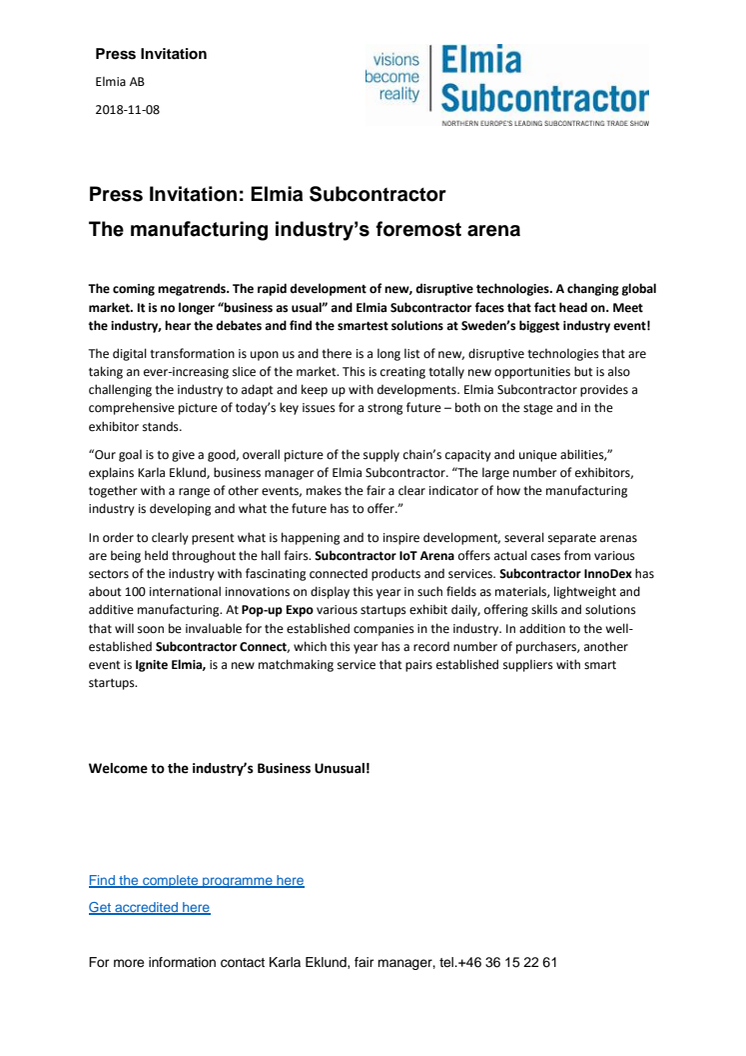 Press Invitation: Elmia Subcontractor  The manufacturing industry’s foremost arena