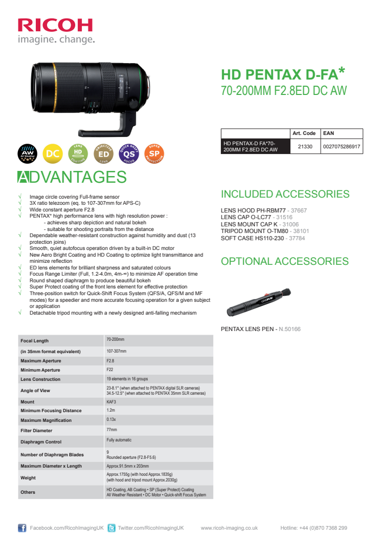 DFA 70-200 AW specsheet