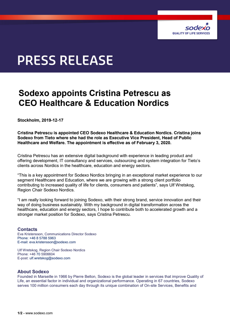 Sodexo appoints Cristina Petrescu as CEO Healthcare & Education Nordics