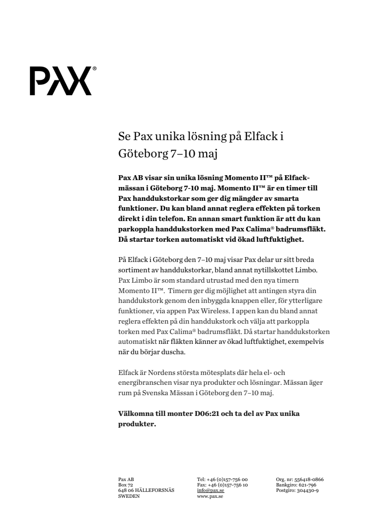 Se Pax unika lösning på Elfack i Göteborg 7–10 maj